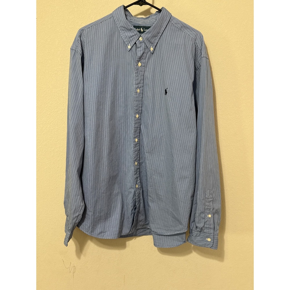 Ralph Lauren Button Down Shirt Mens XXL Blue Striped Classic Fit Long Sleeve